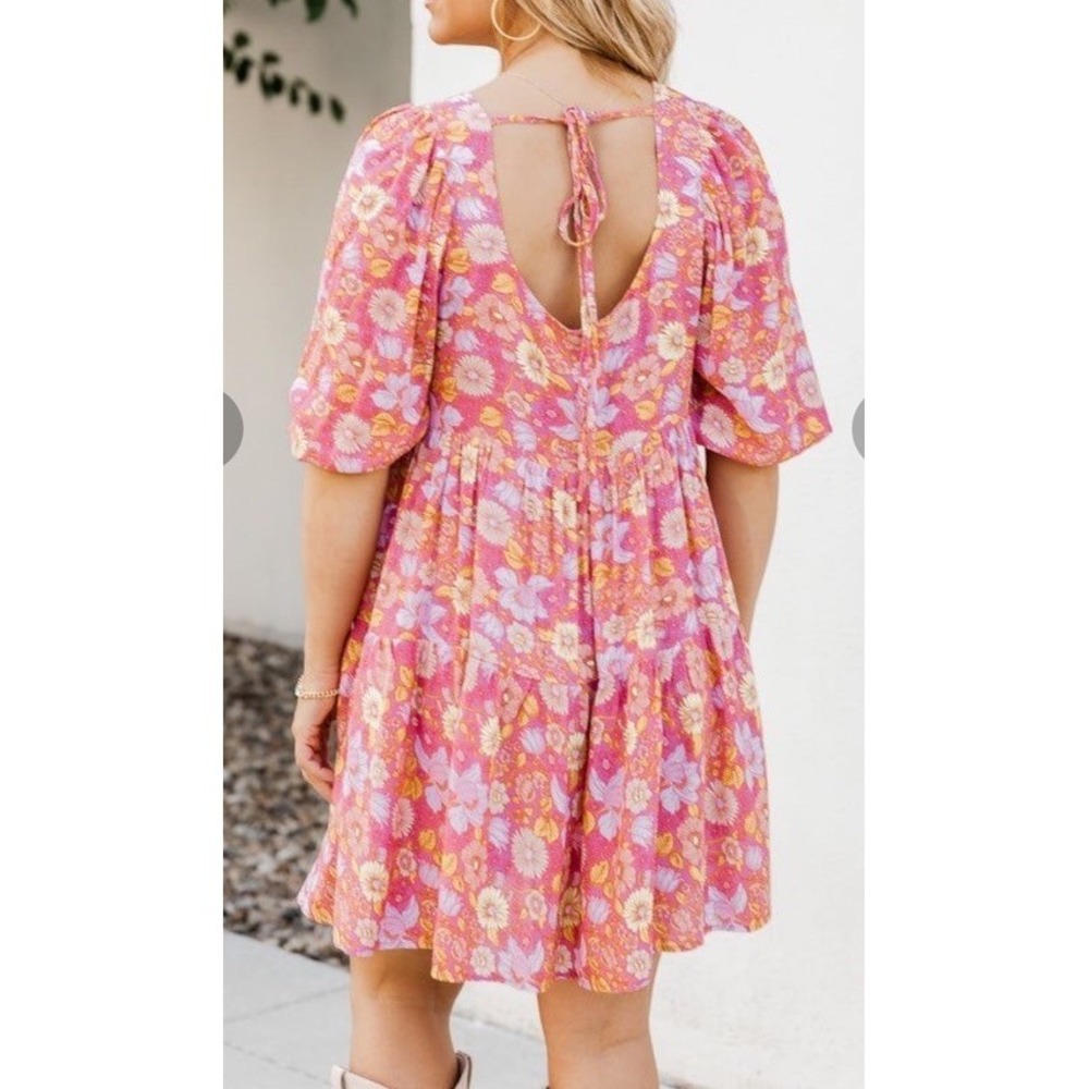 Babydoll Tiered Floral Mini Dress Sz M Orange Yellow Balloon Sleeve Beach Boho - Picture 2 of 13